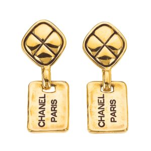 VINTAGE CHANEL “CHANEL PARIS” TAG EARRINGS WITH QUILTED DETAILS