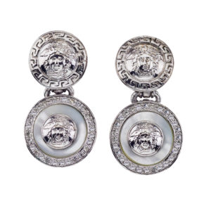 VINTAGE GIANNI VERSACE WHITE AND SILVER DANGLING EARRINGS WITH MEDUSA
