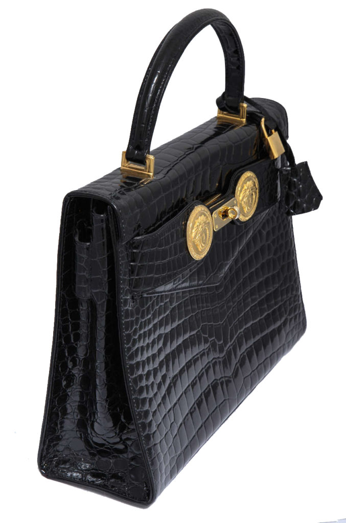 Vintage Gianni Versace Black Croc Embossed Leather Kelly Style 